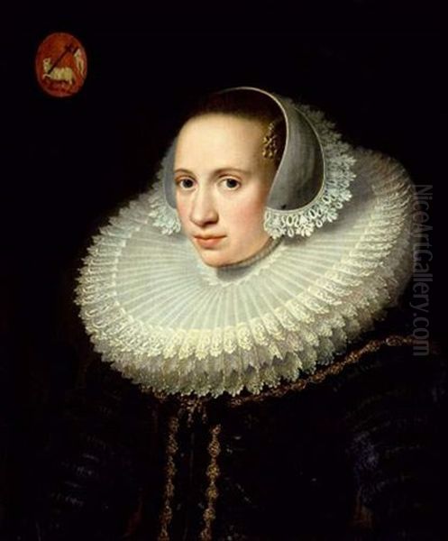 Portrait D'une Jeune Femme A La Fraise; En Haut A Gauche Ses Armoiries (in 3 Parts) Oil Painting by Jan Anthonisz Van Ravesteyn