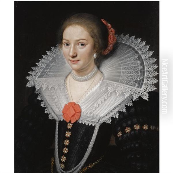 A Portrait Of A Lady, Half Length, Wearing A Black Dress With A White Lace Collar And Pearl Jewellery Oil Painting by Jan Anthonisz Van Ravesteyn