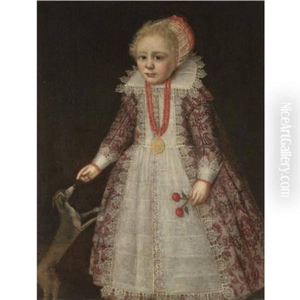 Portrait Of A Young Child, Full Length, Wearing A Pink Embroidered Dress, A Coral Necklace And Holding Two Cherries While Pointing To A Dog Oil Painting by Jan Anthonisz Van Ravesteyn