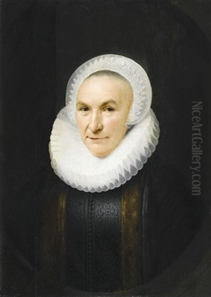 Portrait Of A Lady, Half Length, Wearing A Black Dress Fringed With Fur, A Ruff And An Elaborate Lace Headdress Oil Painting by Jan Anthonisz Van Ravesteyn