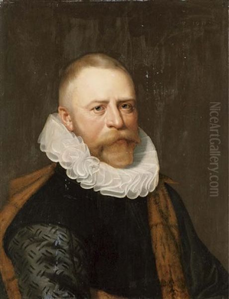 Portrait Of Rombout Hogerbeets In A Black Vest And Fur Lined Cloak Oil Painting by Jan Anthonisz Van Ravesteyn