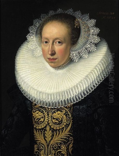 Bildnis Einer Jungen Dame Mit Muhlsteinkrause, Perlenkollier Und Einem Diadem Im Haar Oil Painting by Jan Anthonisz Van Ravesteyn