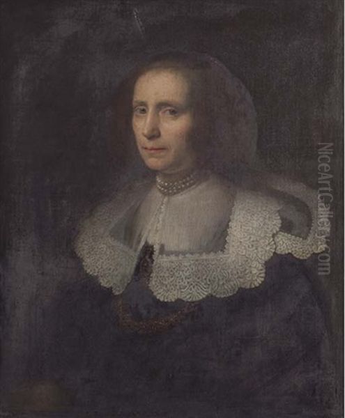 Portrait Of A Lady In A Black Dress And Lace Collar Oil Painting by Jan Anthonisz Van Ravesteyn