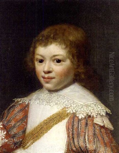 Portrait Of A Boy (prince Rupert?) In A Red Costume And White Collar Oil Painting by Jan Anthonisz Van Ravesteyn