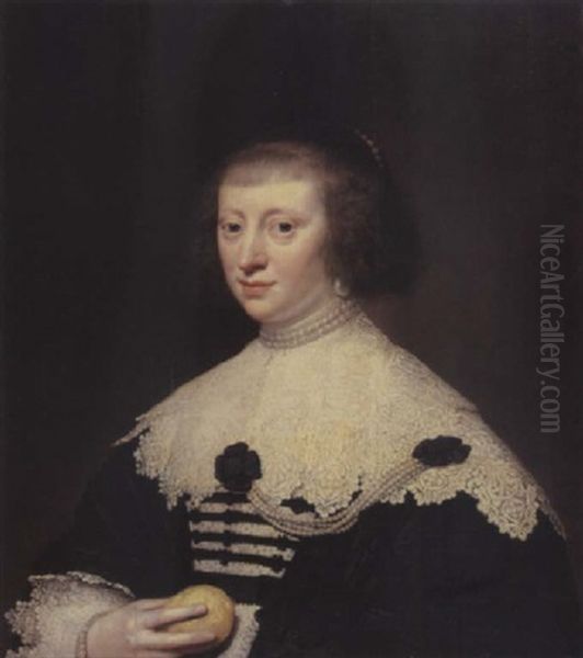 Portrait Of A Lady, In A Black Dress With Lace Collar Oil Painting by Jan Anthonisz Van Ravesteyn