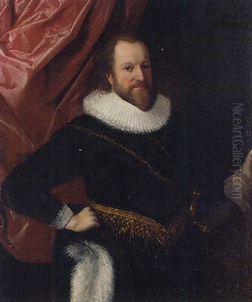 Portrait Of An Officer Wearing A Gold Embroidered Sash And Holding A Halberd Oil Painting by Jan Anthonisz Van Ravesteyn