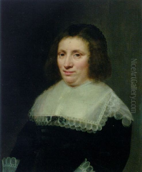 Portrait Of A Lady (maria Reigersbergen?) In A Black Dress With A Lawn Collar And Cuffs Oil Painting by Jan Anthonisz Van Ravesteyn