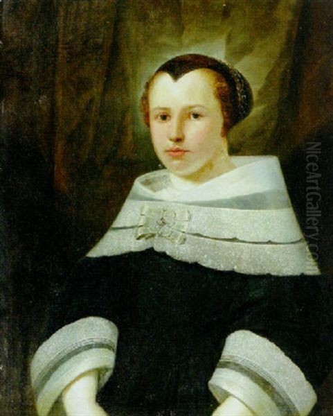 Portrait Of A Lady In Black Costume And White Collar And Cuffs Oil Painting by Jan Anthonisz Van Ravesteyn