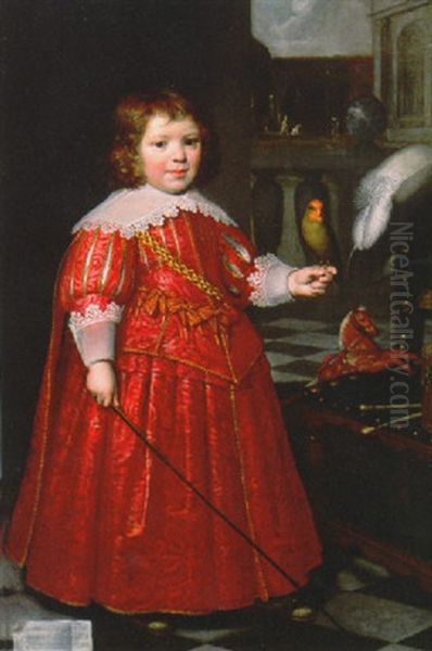 Portrait Of Joannes Ruyter In A Red Costume, Holding A Red-cheeked Parrot, With A Hobby Horse And Drum And Chair, A Garden Beyond Oil Painting by Jan Anthonisz Van Ravesteyn