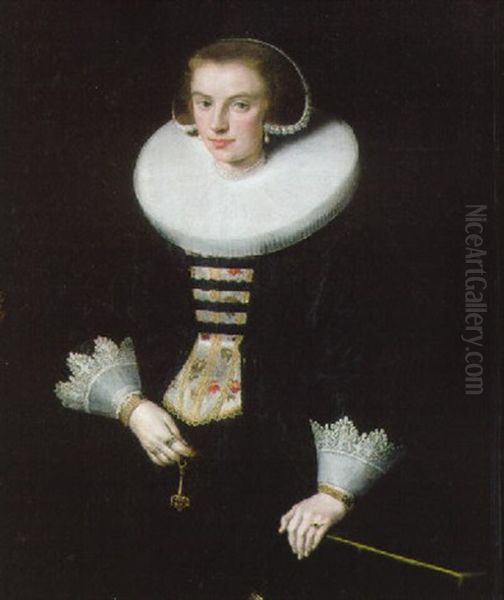 Portrait Of A Lady, Three-quarter-length, In A Black Dress With Lace Cuffs And A Ruff, Holding A Fan Oil Painting by Jan Anthonisz Van Ravesteyn