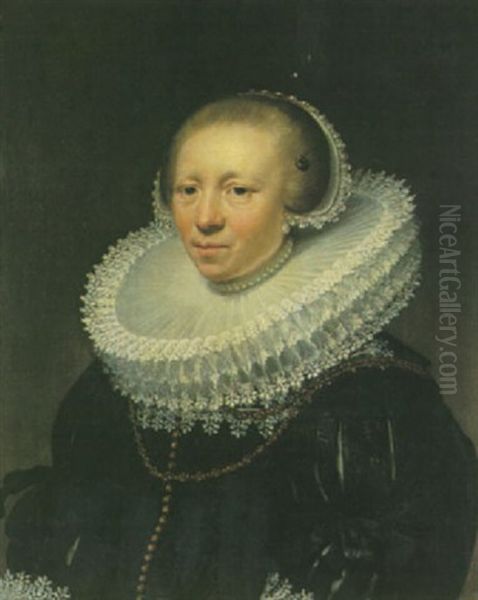 Portrait Of A Lady, Wearing A Black Dress And Broad White Lace Ruff Oil Painting by Jan Anthonisz Van Ravesteyn