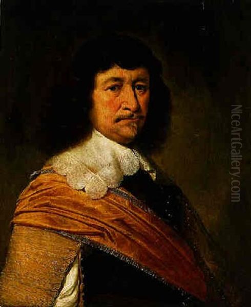 Portrait Of A Burgher Wearing An Orange Sash Of Office Over A Doublet With Gold Braided Sleeves Oil Painting by Jan Anthonisz Van Ravesteyn