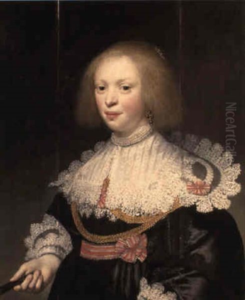 Portrait Of A Lady Wearing A Black Dress And White Collar And Silver Sash Oil Painting by Jan Anthonisz Van Ravesteyn