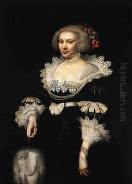 Portrait Of An Elegant Lady Holding A Fan Oil Painting by Jan Anthonisz Van Ravesteyn