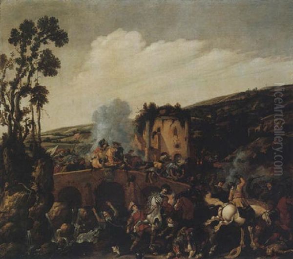 A Battle On A Roman Bridge Oil Painting by Nicolas de Quade van I Ravesteyn