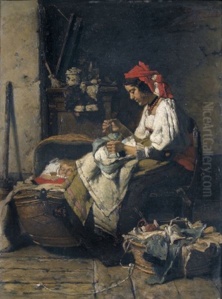 Mutter Mit Nahzeug Und Schlafendes Kind In Interieur Oil Painting by Victor Ravet