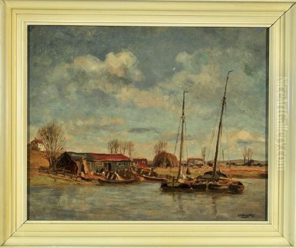 Segelboote An Der Anlegestelle Eines Kleinen Dorfes Oil Painting by Berend Adrianus Bongers