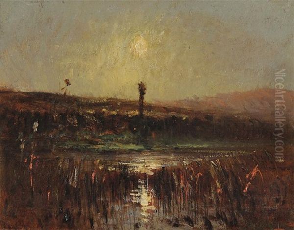 Coucher De Soleil Et Reflet Entre Les Joncs (morestel) by Auguste Francois Ravier