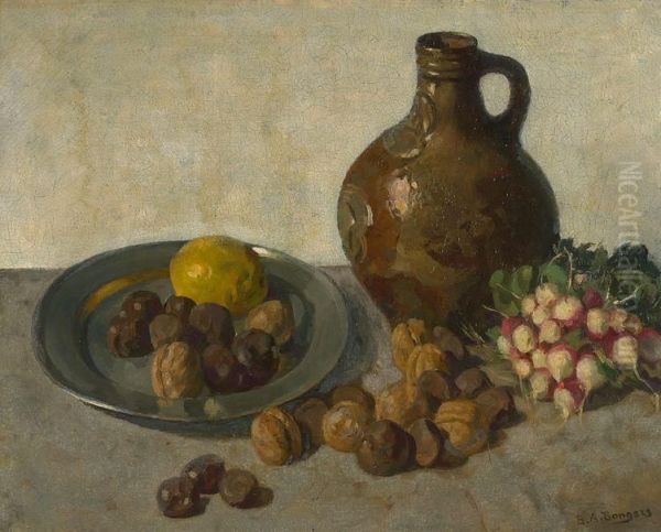 Still Life With Earthenware Jug, Radishes And Fruit On A Tin Platter Oil Painting by Berend Adrianus Bongers