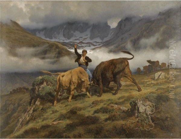 Le Combat, Souvenir Des Pyrenees Oil Painting by Auguste Bonheur