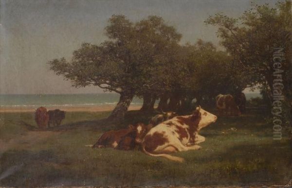 Cattle Grazing Near The Coast Oil Painting by Auguste Bonheur