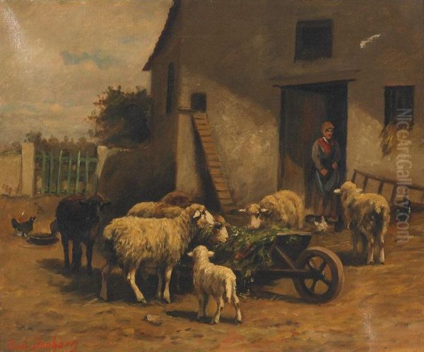 Sheep And Chickens In A Barn Oil Painting by Ferdinand Bonheur