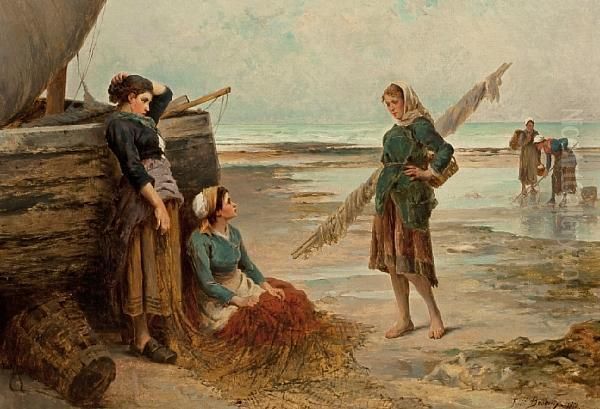 Fisherwomen Along The Shore Oil Painting by Ferdinand Bonheur