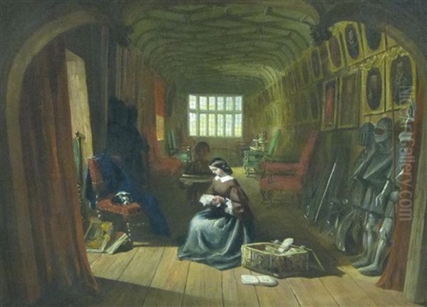 Figures In The Brown Gallery, Knole, Kent Oil Painting by Louise J. Rayner