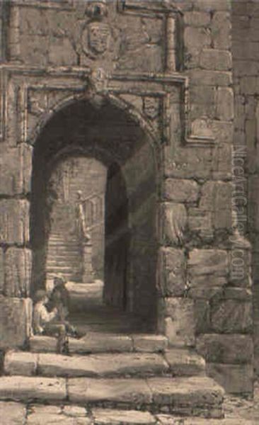 Children In An Archway Oil Painting by Louise J. Rayner