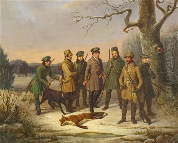 Sachsische Jagdgesellschaft Mit Erlegtem Fuchs Oil Painting by Ferdinand von Rayski