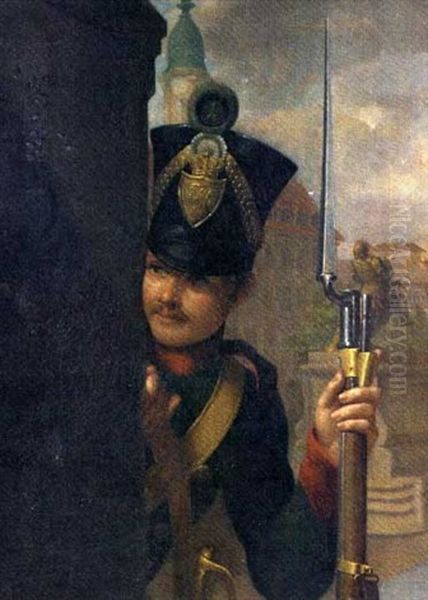 Portrait Of A German Guardsman, Holding A Rifle And Bayonet, In A Town Square Oil Painting by Ferdinand von Rayski