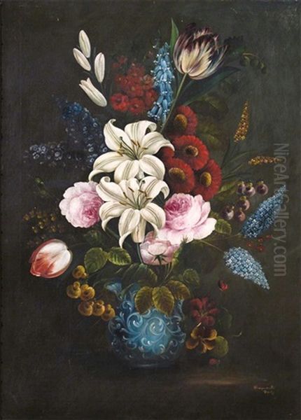 Still Life Of Lilies, Roses And Tulips Oil Painting by William Rayworth