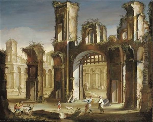 A Capriccio Of Classical Ruins With Figures Oil Painting by Vincenzo del Re