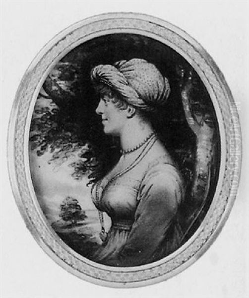 A Lady In Lace-edged Dress, A Heart Shaped Locket And String Of Pearls At Her Neck And Spotted Turban Oil Painting by Jane Read