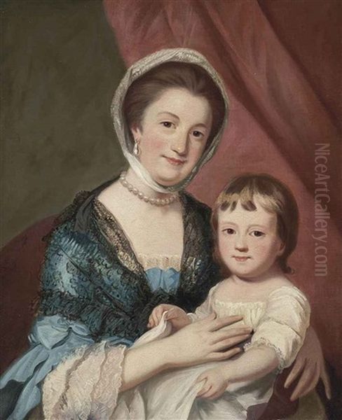 Portrait Of A Lady, Half-length, Seated, Wearing A Blue Dress With A Black Shawl And Pearls, Holding A Child, Seated Before A Red Curtain Oil Painting by Katherine Read