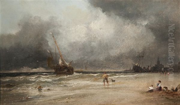 Yarmouth Sand With View Of Yarmouth; Blowing Up For A Stormy Night, Jarvis's Jetty Near The Findborn (pair) Oil Painting by William James Durant Ready