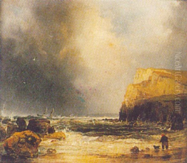 Ships In Rough Seas Off The Coast Oil Painting by William James Durant Ready