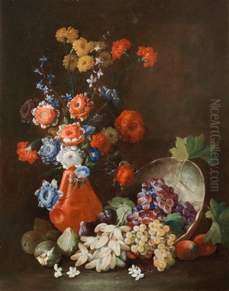 A Terracotta Vase Filled With Flowers Beside An Overturned Pewter Dish Oil Painting by Tommaso Realfonso