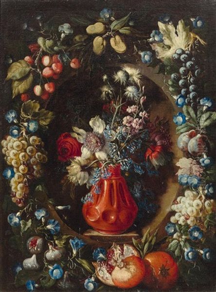 Still Life With Flowers In A Red Vase And Garland Oil Painting by Tommaso Realfonso