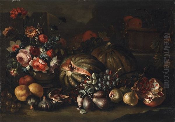 Two Still Lifes With Fruit And Flowers (2 Works) Oil Painting by Tommaso Realfonso