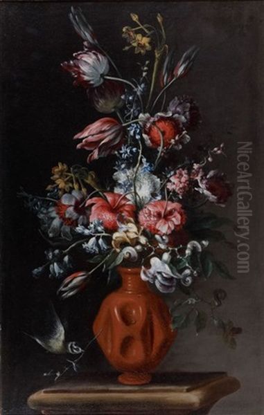 Bouquet De Fleurs Dans Un Vase En Terre Cuite Et Bouquet De Fleurs Dans Un Vase En Faience (pair) Oil Painting by Tommaso Realfonso