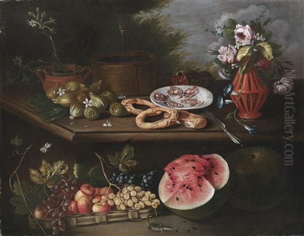 Stillleben Mit Blumen, Fruchten, Brot, Einem Teller Mit Salami Und Einer Smaragdeidechse Oil Painting by Tommaso Realfonso