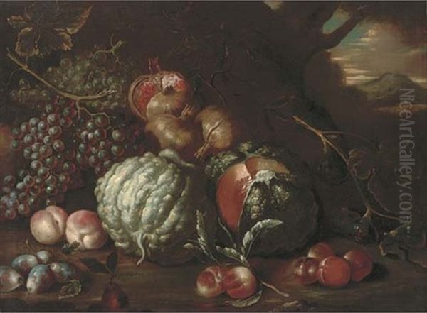 Pomegranates, Melons, Peaches, Grapes, Figs, Apples And Pears In A Landscape With Vesuvius Beyond Oil Painting by Tommaso Realfonso