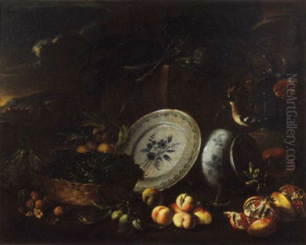 Cesto Di Bacche, Un Piatto Ed Un Vaso Di Porcellana Blu, Noci E Mandorle, Pesche, Melegrane, Carciofi Ed Un'upupa, Paesaggio Sullo Sfondo Oil Painting by Tommaso Realfonso