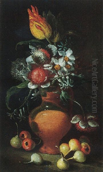 A Stil Life Of Tulpis, Narcissi, Chrysanthemums And Hyacinths In A Terracotta Jug, Together With Crabapples by Tommaso Realfonso