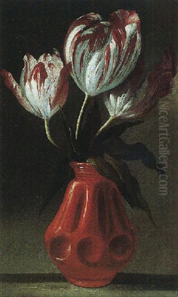 A Still Life Of Tulips In A Portuguese Terracotta Pot Oil Painting by Tommaso Realfonso