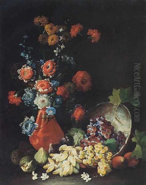 A Still Life Of Flowers In A Terracotta Vase, With Grapes And Figs Spilling Over From An Upturned Bowl Oil Painting by Tommaso Realfonso