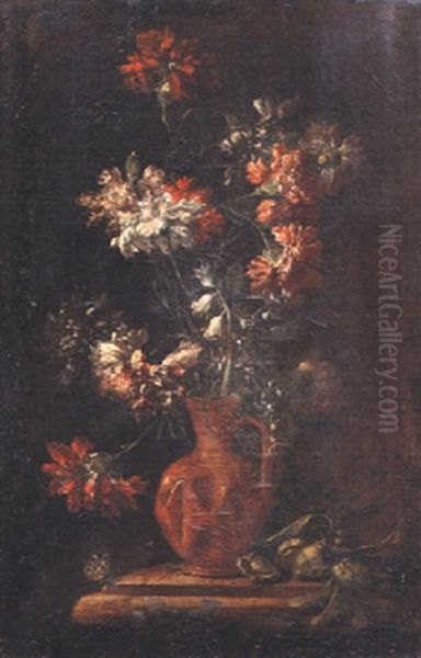 Garofani E Altre Fiori In Un Vaso Di Rame, Su Un Piano Di Pietra Con Una Farfalla Oil Painting by Tommaso Realfonso