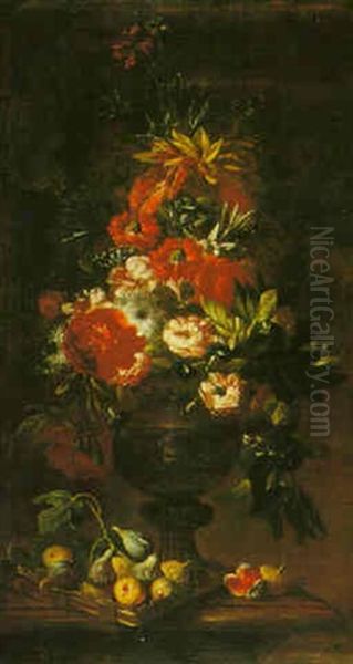 Still Life Of Roses, Carnations And Other Flowers In A Sculpted Urn And A Tray Of Figs On A Stone Ledge Oil Painting by Tommaso Realfonso