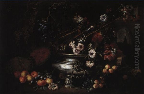 Nature Morte Aux Fruits, Fleurs Et Pieces D'orfevrerie Oil Painting by Tommaso Realfonso